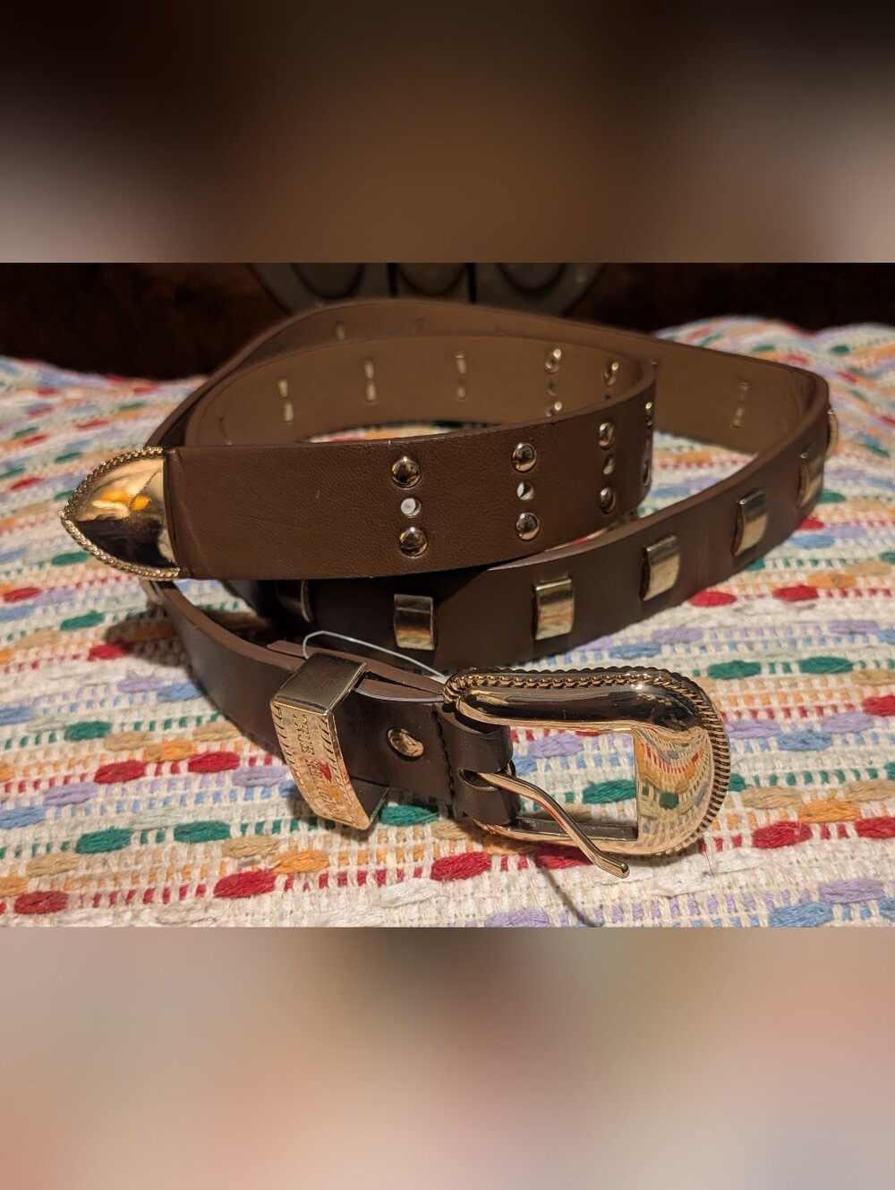 NWOT Women True Religion 1.125” Brown Belt Gold Square Studs and Buckle Size 36